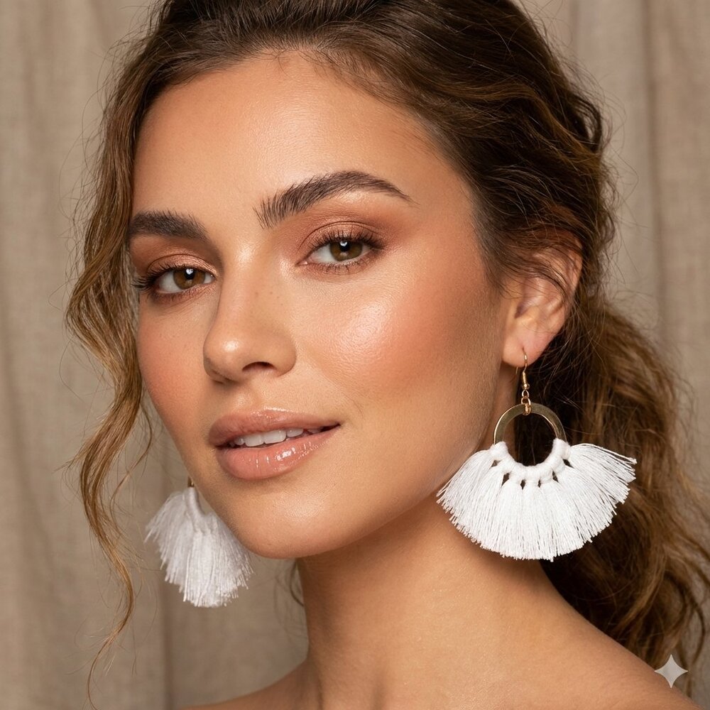NWT Bijoux Bar White Boho Tassel Fan Earrings Gold Tone Statement Festival Glam
